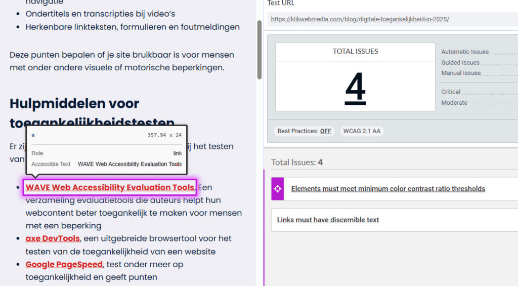 Screenshot van de axe DevTools met een melding over te laag contrast van elementen op deze website